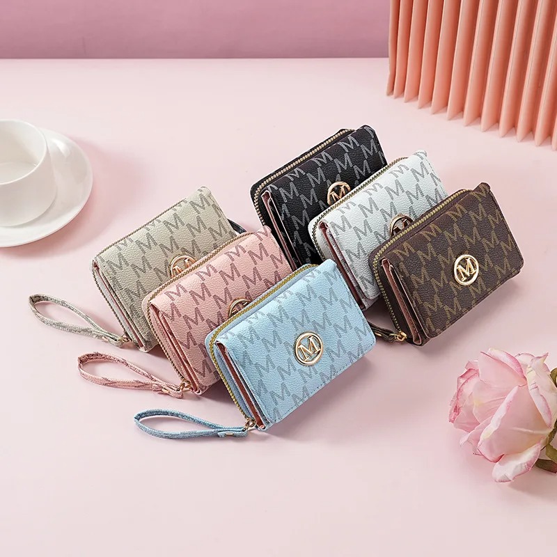 Women Bags Accessories - กระเป๋าสตางค์ซิปสามชั้นลายตัวอักษร, ที่ใส่บัตรหลากสีสันทันสมัยพร้อมสายคล้องข้อมือ, กระเป๋าสำหรับผู้หญิงใช้งานได้ทุกวันอย่างมีสไตล์*
