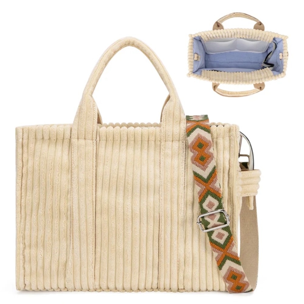 Women'S Work Bags Tote - กระเป๋าผ้าคอร์ดูรอยสำหรับผู้หญิง กระเป๋าหลายช่องพร้อมซิป ความจุขนาดใหญ่ กระเป๋าถือแฟชั่นลำลอง กระเป๋าสะพายไหล่สำหรับทำงานและเดินทาง
