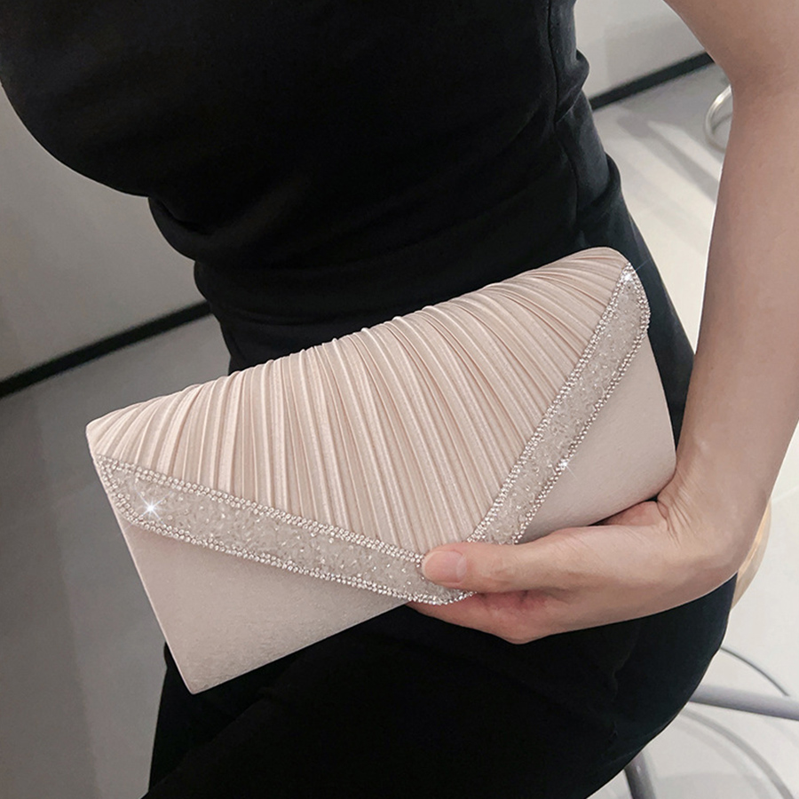 Flap Bag Envelope - กระเป๋าคลัทช์ผ้าซาตินจีบแบบแฟชั่น กระเป๋าถือทรงซองสำหรับงานปาร์ตี้ งานเลี้ยง ประดับด้วยคริสตัลและลูกปัด กระเป๋าถือสำหรับผู้หญิง กระเป๋าสะพายไหล่สำหรับงานแต่งงาน