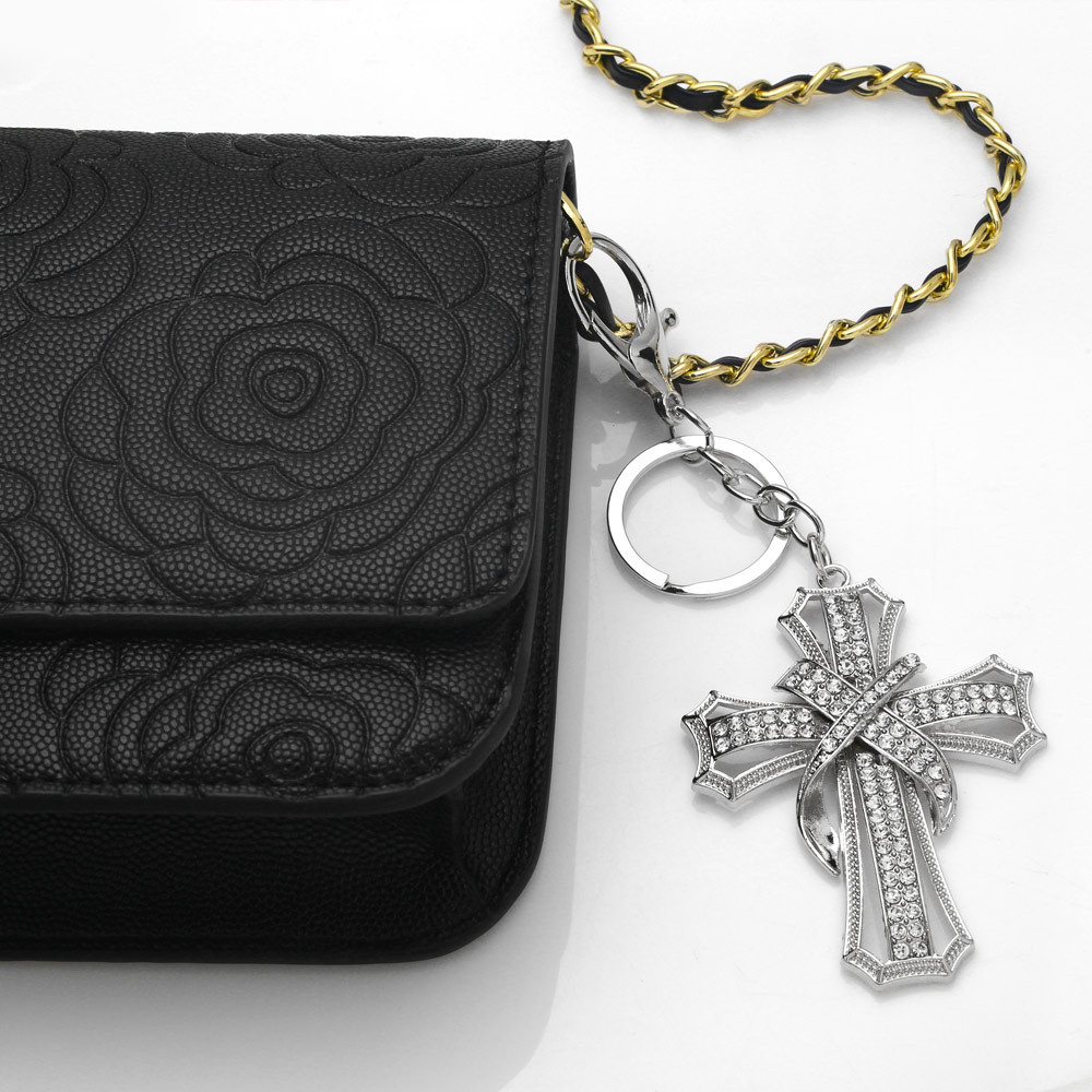 Women Bags Golden - พวงกุญแจรูปกางเขนโลหะผสมสังกะสี 1 ชิ้น สำหรับผู้หญิง/ผู้ชาย ประดับด้วยเพชรเทียม สีทอง/สีเงิน