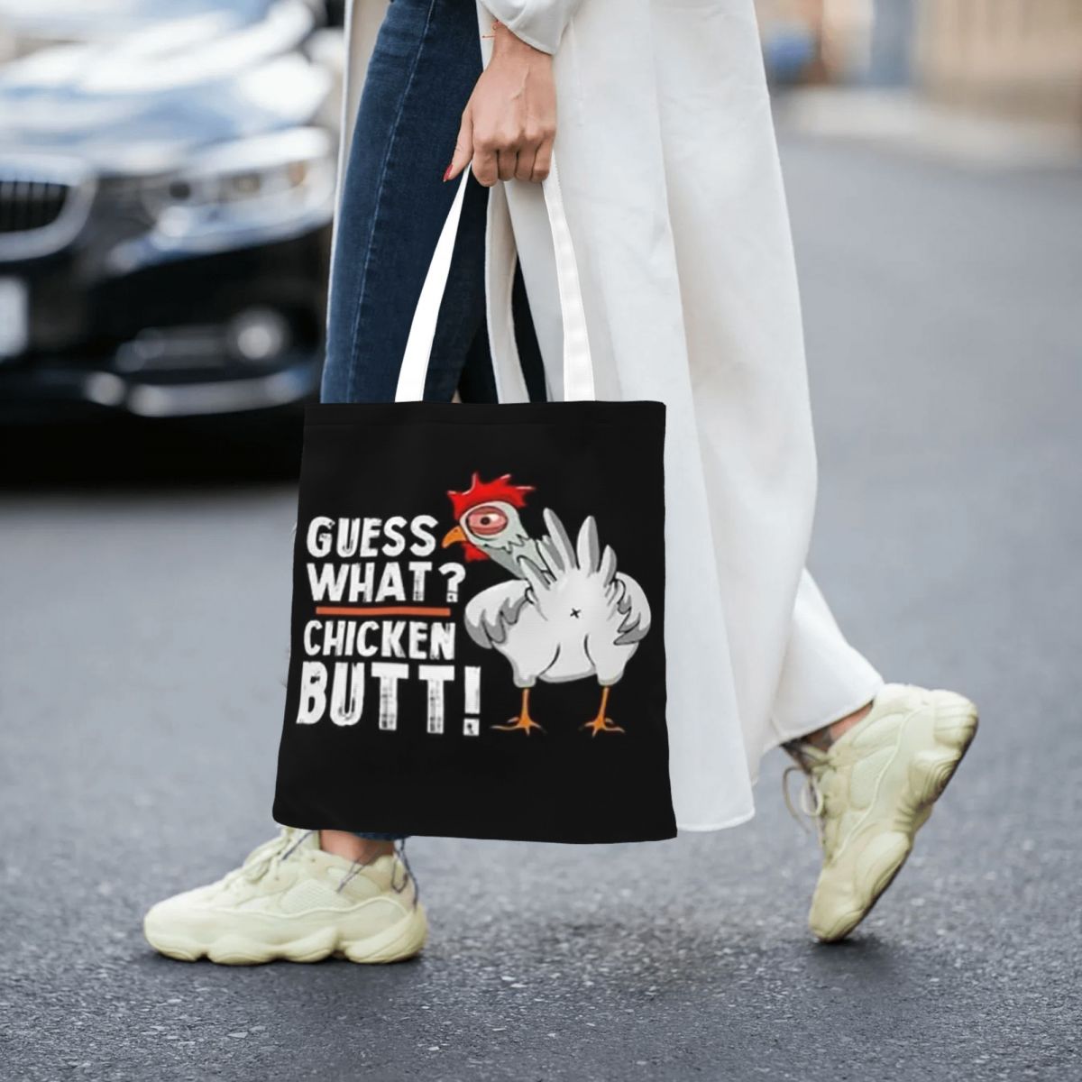 Women Bags Guess - กระเป๋าช้อปปิ้งลายไก่ตลกๆ กระเป๋าผ้าแคนวาสแบบใช้ซ้ำได้ กระเป๋าสะพายไหล่สำหรับผู้หญิง กระเป๋าถือสำหรับเดินทาง