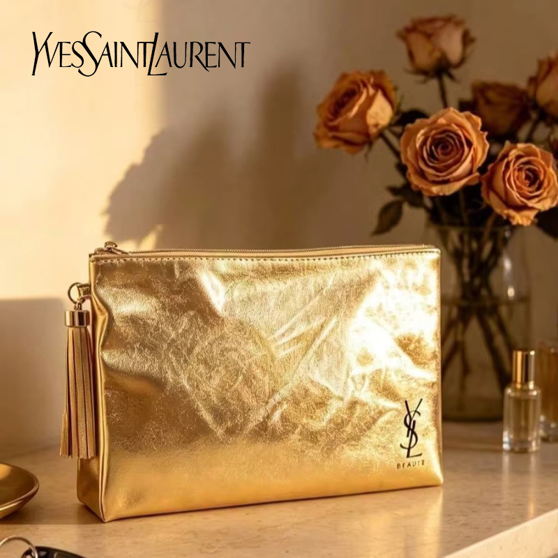 Women Bags Waterproof - กระเป๋าเครื่องสำอาง YSL สีทอง, กระเป๋าอเนกประสงค์กันน้ำแบบพกพา, สำหรับใช้ในชีวิตประจำวันและการเดินทาง, ของขวัญสุดหรูสำหรับผู้หญิง