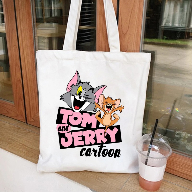 Women'S Bags Handbags - ทอมแอนด์เจอร์รี่กระเป๋าผ้าแคนวาสน่ารักผู้หญิงผู้ชายกลางแจ้งแบบพกพาความจุขนาดใหญ่กระเป๋าถือการ์ตูนอะนิเมะรูปแบบกระเป๋าช้อปปิ้งของขวัญ