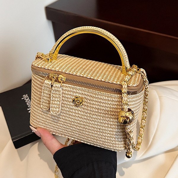 Women Bags Golden - กระเป๋าถือแบบกล่องลายทอใหม่ปี 2026 กระเป๋าสะพายไหล่สายโซ่ขนาดเล็ก กลิ่นหอมอ่อนๆ หูจับสีทอง กระเป๋าถือสำหรับผู้หญิง